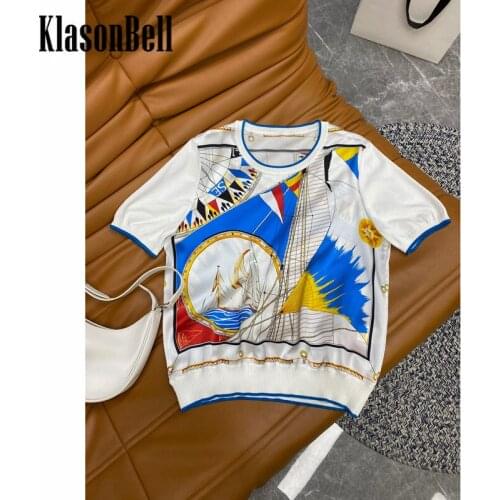 7.5 KlasonBell Silk T-Shirt Women Fashion Print Pattern Patchwork Knitted Casual Tee