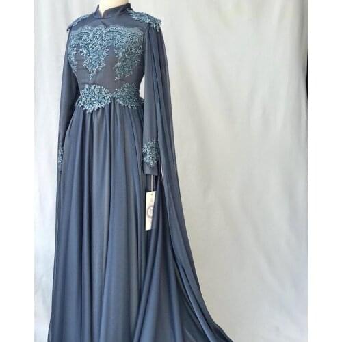 Chiffon Appliques Long Sleeve Muslim Prom Dress with Cape A Line Saudi Arabic Evening Formal Party Gowns платье robe de soirée