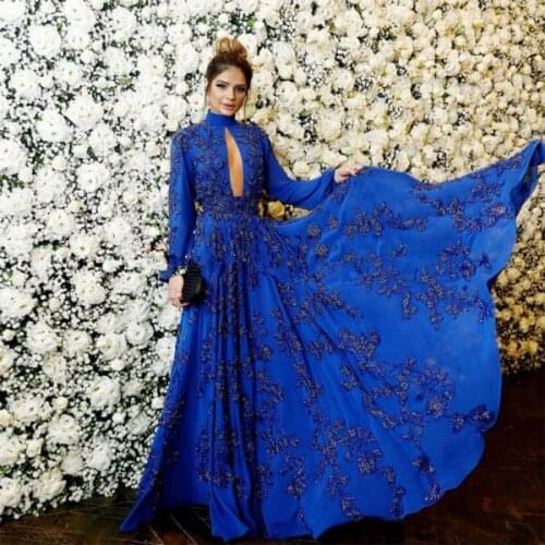 Blue Muslim Evening Dresses A-line Long Sleeves Chiffon Appliques Beaded Dubai Saudi Arabia Long Prom Dress Gown Robe De Soiree