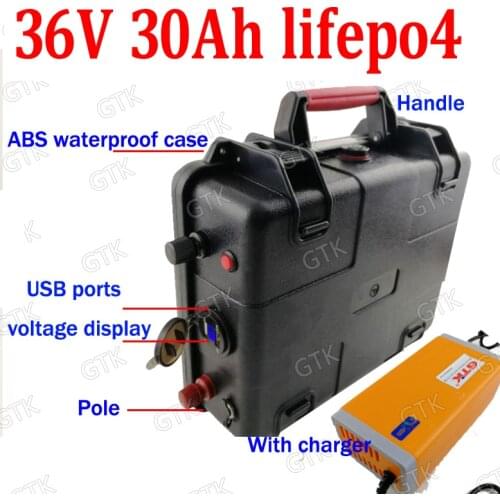 GTK waterproof lifepo4 36v 30ah lithium battery USB with BMS for 36v 1000w bike bicycle go cart golf motorcycles + 5A charger