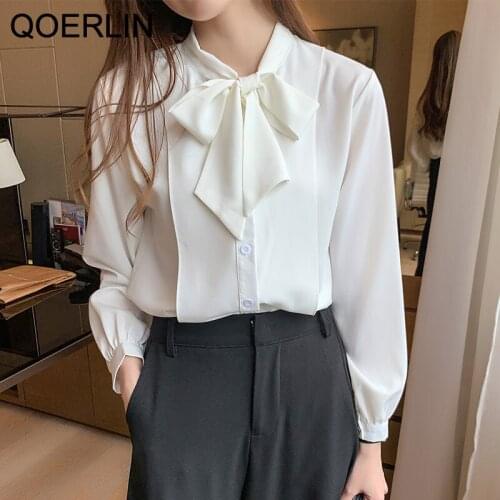 QOERLIN Bowknot Ladies Shirt Elegant Single-Breasted Fashion Woman Blouses 2021 Autumn White Top Chiffon Shirt Plus Size Tunics