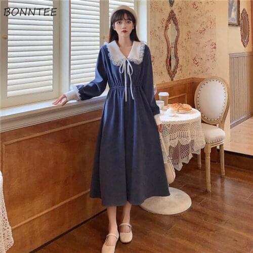 Dresses Women Kawaii Fashion Full Sleeve All-match Ulzzang Students Korean Style Lace Pater Pan Collar Patchwork Female Simple