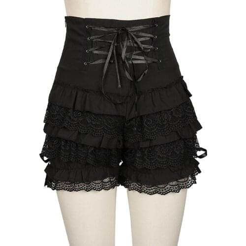 Girl Fashion Cute Black Gothic Steampunk Lolita Ruffle Lace Pumpkin Bloomers Cotton High Waist Shorts Cosplay Little Devil, Fema