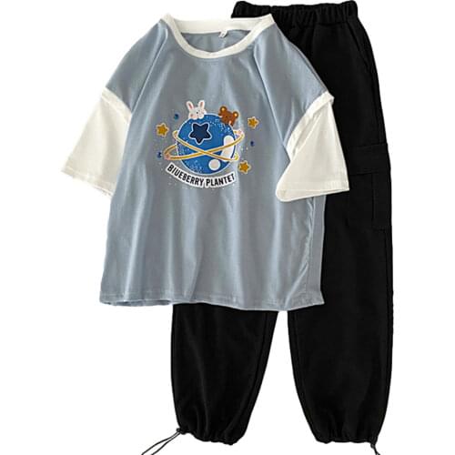 2021 Summer Womens 2 Piece Set cartoon Printed kawaii Sportswear Suits Casual Short Sleeve Ladies cotton t-shits Two Piece Sets