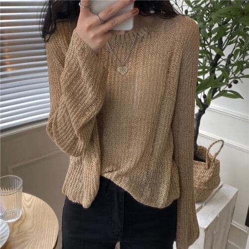 Woman Sweaters Pullover Long Sleeve Round Neck Pullover Hollow Top Autumn Loose Ice Silk Sweater Femme Chandails