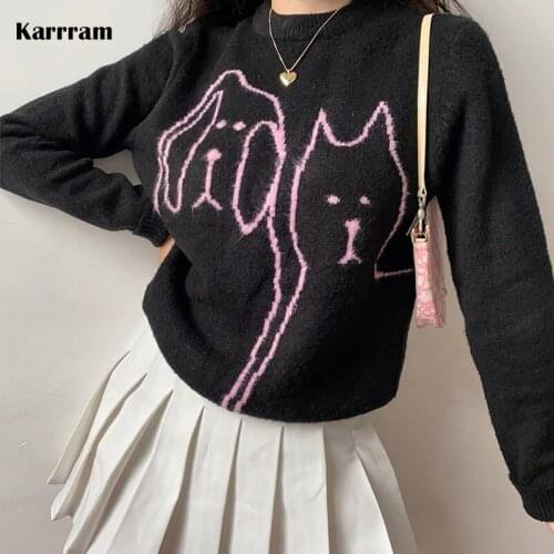 Karrram Vintage Print Knitted Sweater Women Loose Korean Style Black Pullover Autumn Winter Japanese Kawaii Knitwear Streetwear