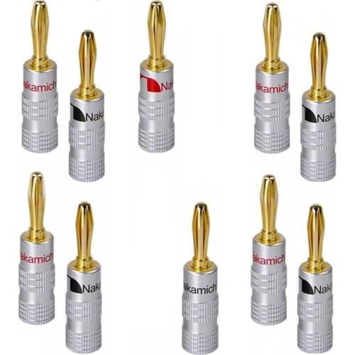 10pcs/5pair Nakamichi Banana Plug Straight Pre Amplifier 24K Gold Plated 4MM Connector Screw Lock Audio Jack Speaker Black Red
