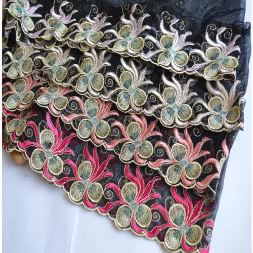 17CM Width (2yards/lot)black mesh Embroide 4kinds of flower Hight quality lace fabrics embroidered lace trim041007