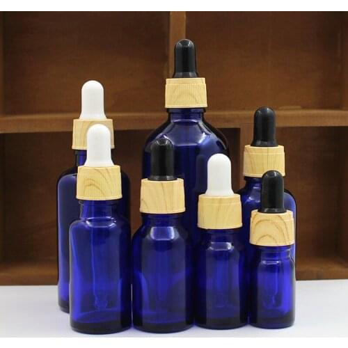 5/15/20/30/50/100ml Blue Dropper Bottle Tube Wood Grain Glass Aromatherapy Refillable Bottle For Essential Massage Oil Container