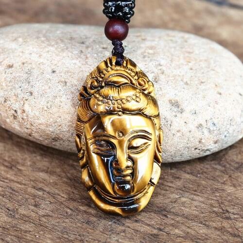 Buddhist Guanyin Avatar Tiger Eye Carved Buddha Pendant Necklace Natural Stone Lucky Energy Necklace Women Men Fashion Jewelry