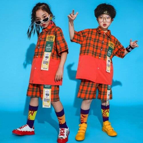 Kids Hip Hop Ballroom Dance Clothes for Girls Boys Jazz Dancing Costumes Plaid T Shirt Tops Red Jogger Short Pants Dancewear