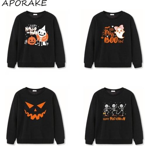 2021 0-9Y Halloween Children Baby Sweatshirt Boys Girls Cartoon Ghost/Pumpkin/Skeleton Letter Print Long Sleeve Black Pullovers