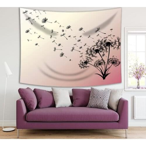 Tapestry Dandelion Flowers Flying in Air Summer Wild Plants Nature Theme Artwork Pink Black