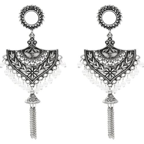 Indian Jhumka Earrings Chain Gold color Big Long Tassel Fan Drop Earring Carved Flower Egypt Afghan Ethnic Tribal Nepal Jewelry