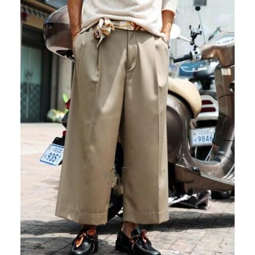 Korean mens summer new solid color loose fashion wide leg Capris fashion trend straight casual pants