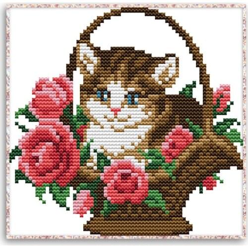 Cat In Flower Basket Arts Cross Stitch Kit Counted DIY Embroidery Needlework for Home Bedroom Decor