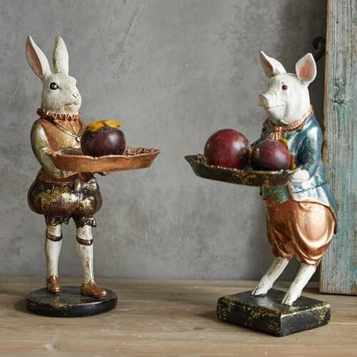 Creative Tray rabbit pig Statue Resin sculpture Crafts Simple Living Room Ornaments Home Office Store Decors Decorations