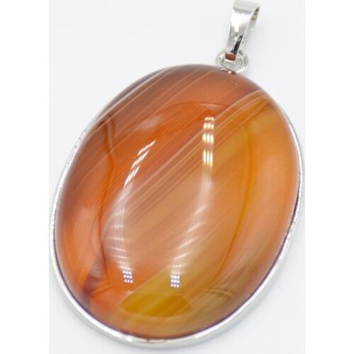 New 30x40mm Silver Color Oval Natural Stone Yellow Veins Agates Bead Men Women Necklace Pendant Jewelry