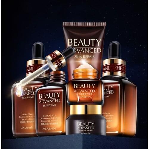 6pcs Skin Care Set Small Brown Bottle Face Toner Essence Eye Cream Lotion Anti-Aging Retinol Serum Facial Cleanser Cosmetics Kit