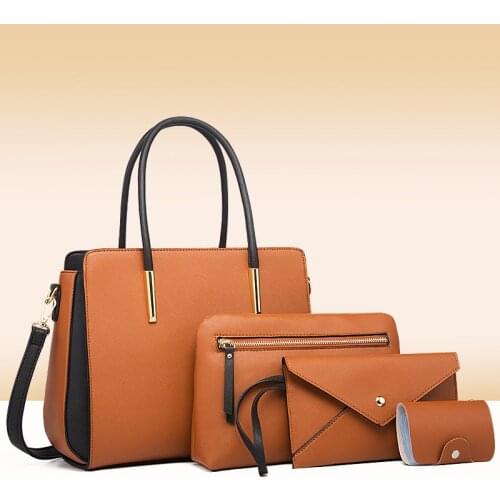 FUNMARDI 4 Pieces Set High Capacity Top-Handle Bag Fashion Trendy PU Leather Shoulder Bag Luxury Brand Solid Color Crossbody Bag