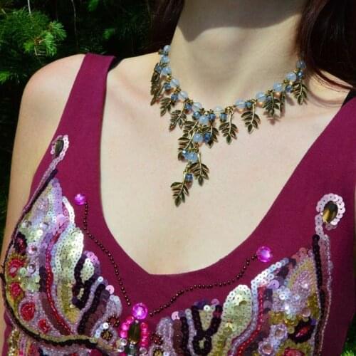 Witchy opalite necklace, elf witch necklace, forest goth dark mori jewelry elven opalite pendant, elvish leaf necklace