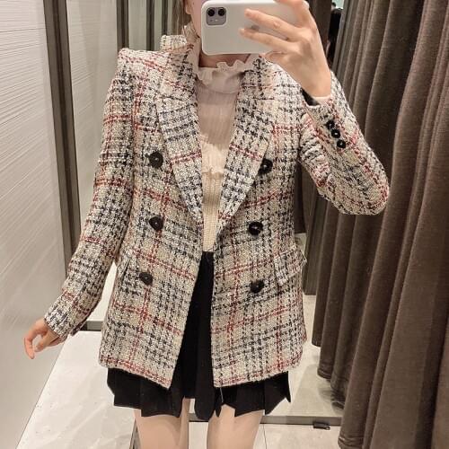 Mxtin Fashion Double Breasted Plaid Tweed Blazers Coat Women 2020 Vintage Office Ladies Outerwear Casual Casaco Femme