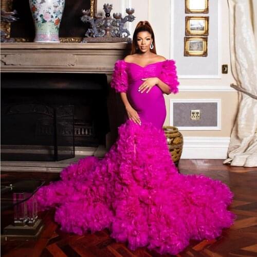 2021 New Fashion Fuchsia Puffy Sleeves Mermaid Maternity Dress Luxury Lush Tulle Ruffles Pregnancy Dress To Photography Robes