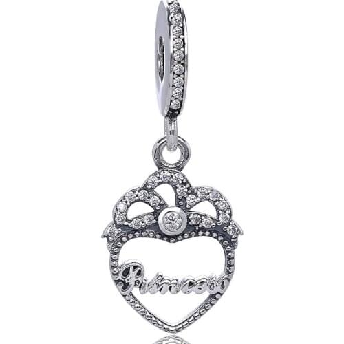 Original Princess Crown Heart With Crystal Pendant Bead Fit 925 Sterling Silver Bead Charm Bracelet Diy Jewelry