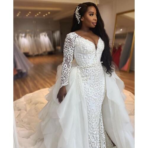 Luxury African Long Sleeve Mermaid Wedding Dresses 2020 V Neck Beaded Lace Detachable Train Bridal Wedding Gowns For Bride