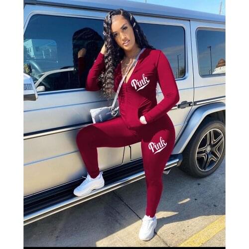 2020 Pink Letter Print Sporty Casual 2 Piece Set Spring Fall Sportwear Zip Joggers Outfit Coat Top + Skinny Leggings Pants Suit