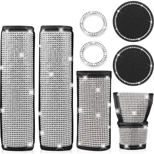 Rhinestones Car Accessories Set Bling Seat Belt Covers,Gear Shift Cover,Handbrake Cover Engine Bling Ring,Car Coasters