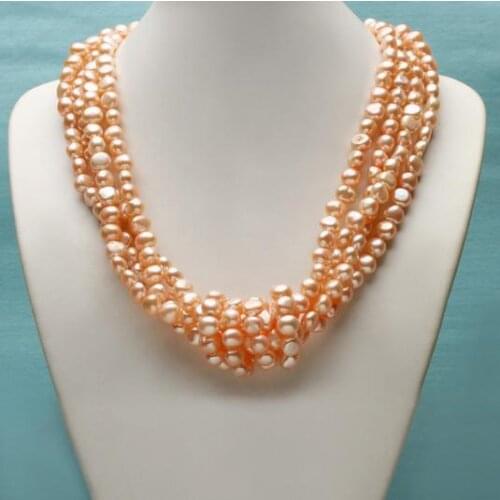 Unique Baroque Pearl Necklace Four Strands 7-8mm Pink Nugget Freshwater Pearl Fine Jewelry Charming Women Gift