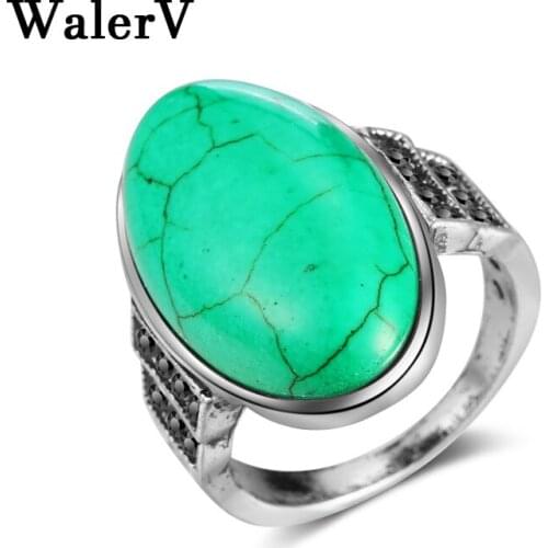 WalerV New for Women Set Thai Ring Retro Style Classic Stripes Oval Green Turquoises Rings Prom Party.Anniversary Ring