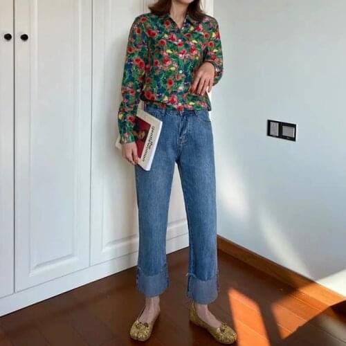 Women Silk & Cotton Floral Printed Lapel Long Sleeve Blouse Shirt Top