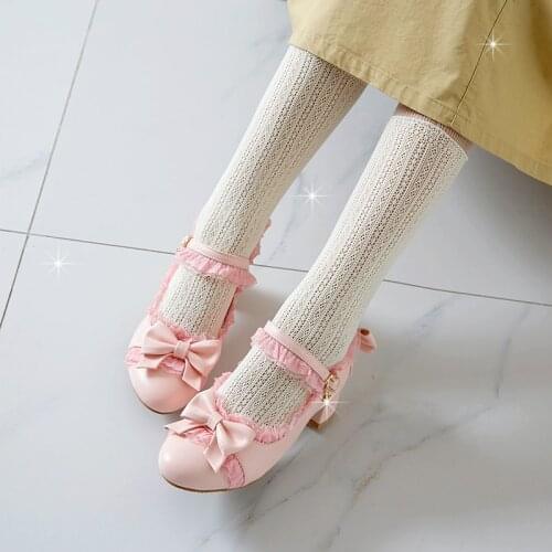 Feminine Lace Mid Chunky Heel Sweet Girls Female Kawaii Tea Party Japanese Cute Anime Lolita Shoes Women Harujuku Cosplay Bow
