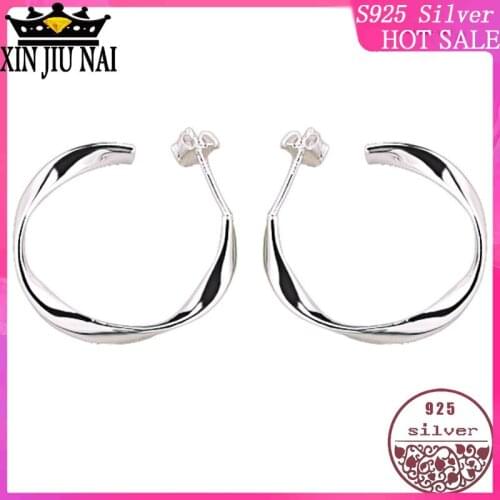 100% Sterling silver 925 womens fashion twist arm rotating elegant atmosphere European Joker Geometric art hoop earrings
