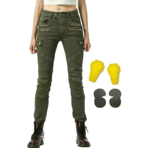 Female Motorcycle Riding Jeans Loong Biker Fashion Protection Trousers Slim Locomotive Leisure Pants Gears Green