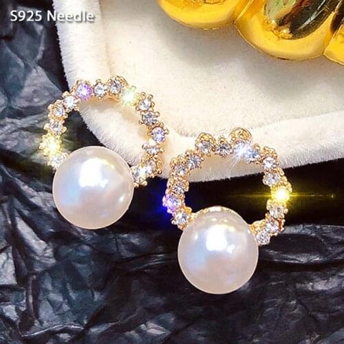 925 Sterling Silver Needle Stud Earrings for Women Jewelry Pearl Gold Flower Circle Elegant Female Earrings