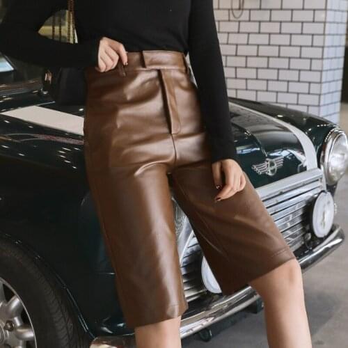 PU Shorts for Women Faux Leather Pants 2021 Autmn Winter Fashion Streetwear Knee Length Trouser High Waitst Female Shorts