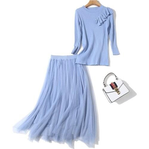 Women Set 2020 New Three Quarter Cotton Knitted Elastic Waist Two Piece Set Shirt And Skirt Ruffles Office Lady Autumn Elegant