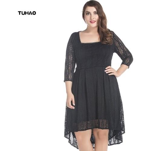 TUHAO Irregular Swing Lace Womens Dress Square Collar Hollow Out Sleeve Dresses Mid Calf Vestidos Femme Plus Size 6XL 7XL CM14