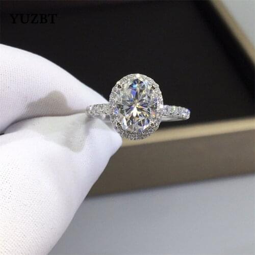 Women 18K White Gold Plated Brilliant Cut 2 Carat Diamond Test Past D Color Moissanite Egg Ring 925 Silver Oval Gemstone Jewelry