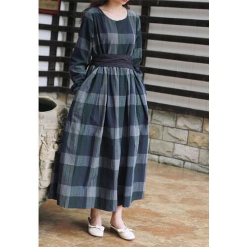 Women Loose Cotton Linen Plaid Dress Ladies Vintage Autumn Dresses Female 2020 Spring Round Neck Dress