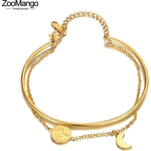 ZooMango Trendy Double Layer Titanium Stainless Steel Moon Charm Bracelets For Women Bohemia Beach Party Bangle Jewelry ZB21021