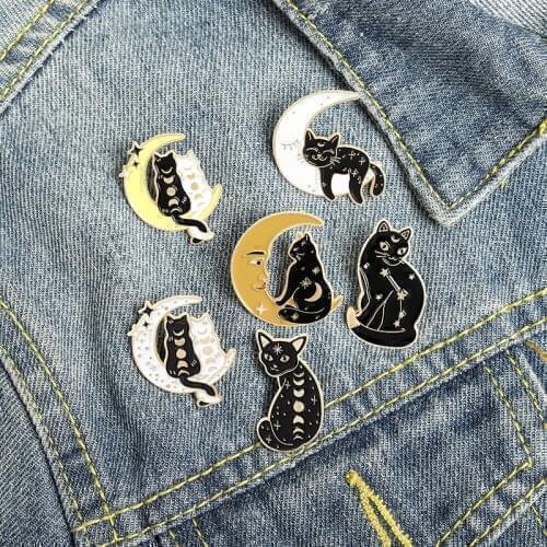 1Pcs Jewelry Astronomical Astrology Black Cat Enamel Pins Moon Tattoo Punk Gothic Brooches Clothes Bag Badges Gifts for Friends
