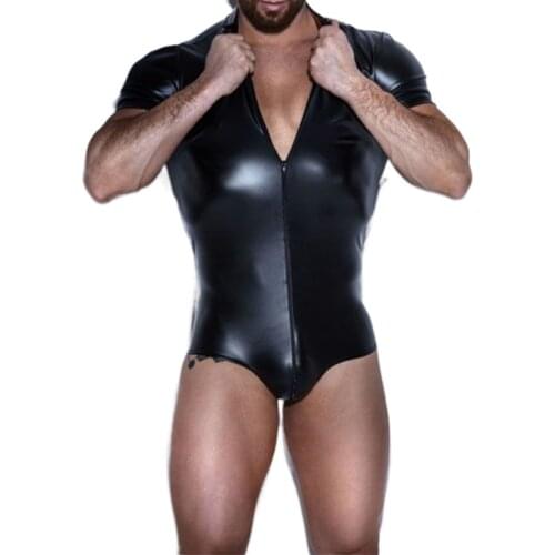 2020 New Sexy Men Faux Leather Shiny PVC Siamese Tight Thin High Elasticity Vest Zipper Open Crotch Bodysuit Bodywear Tank Top