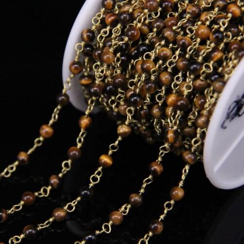4mm Natural Tiger eye Round Beaded Copper Chains,Gems Link Bronze Brass Wire Wrapped Rosary Chains Bracelets Jewelry Crafts
