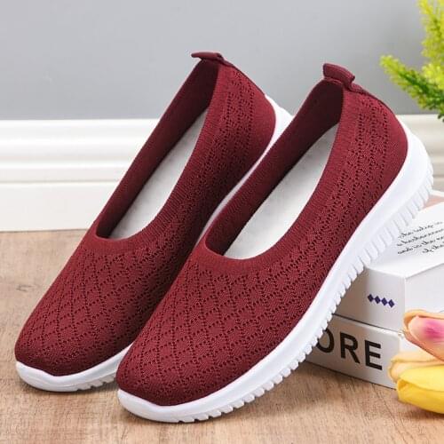 Summer Casual Womens Ballet Flats Knitted Non-slip Creepers Comfortable Slip On Elderly Cotton Shoes Female Shoes