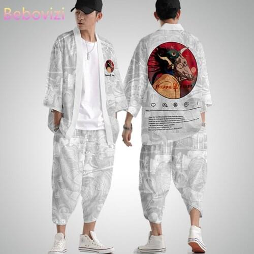 Plus Size S-6XL 5xl 4XL White Harajuku Japanese Style Fashion Kimono Pants Sets Men Women Cardigan Haori Obi Asian Clothes Suit