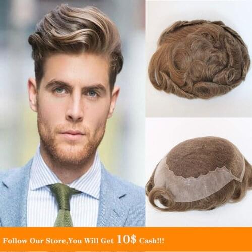 BYMC French Lace Hair With PU System Mens Toupee Honey Blonde Remy Hair Transparent Replacement Light to Natural Density